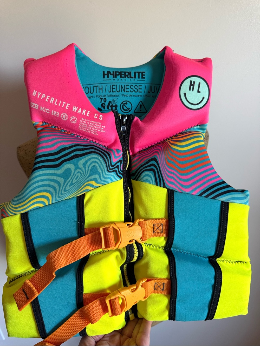 Hyperlite Youth Life Jacket in Neon Pink, Teal & Yellow